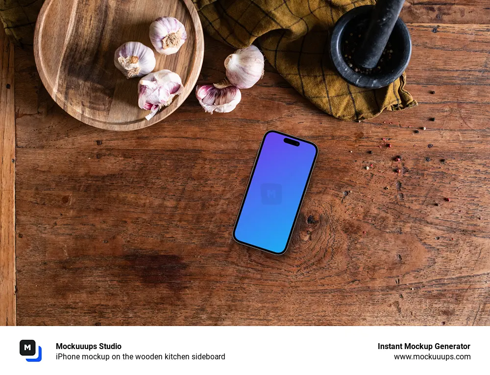 iPhone mockup on the wooden kitchen sideboard