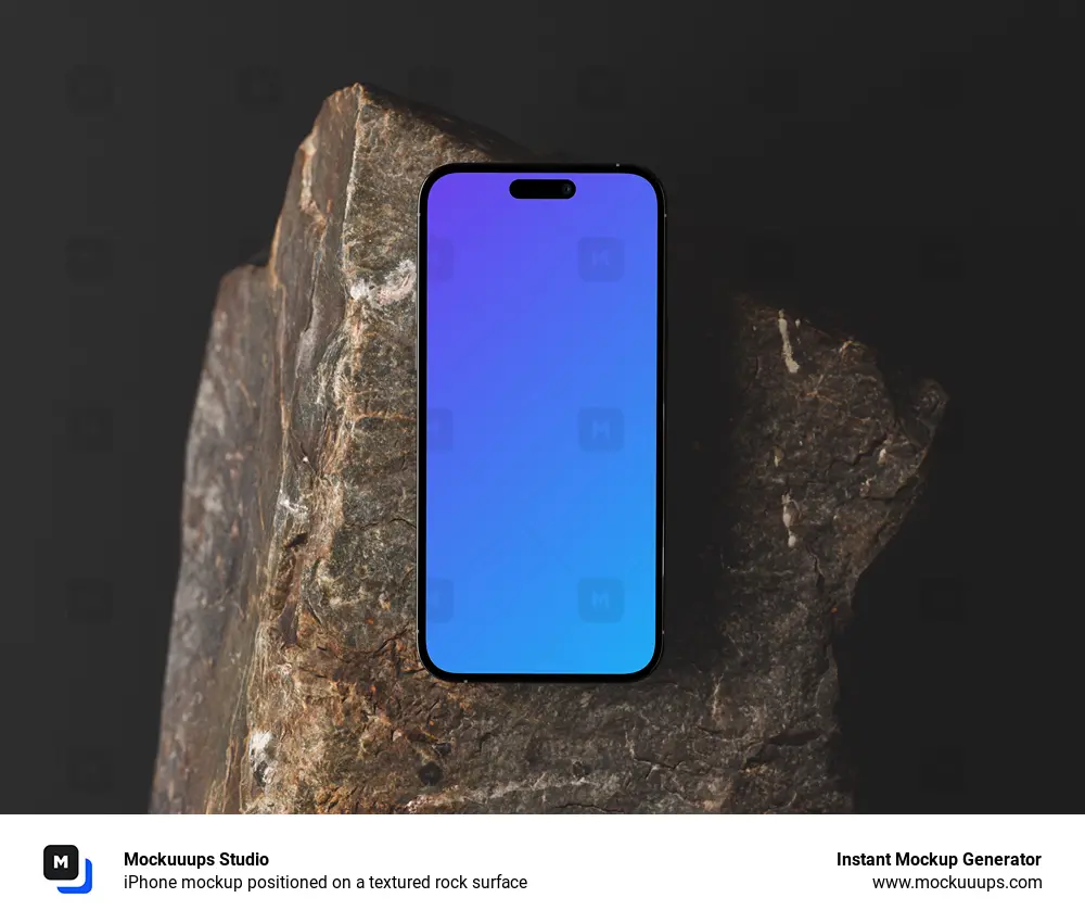 iPhone mockup positioned on a textured rock surface