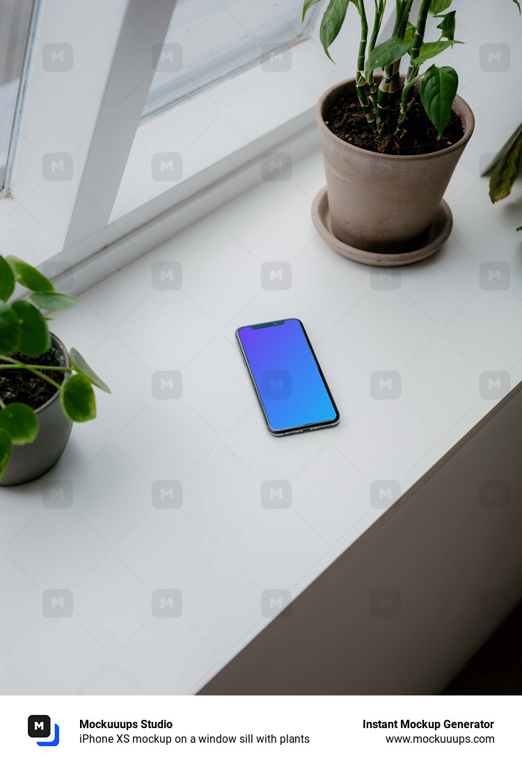iPhone XS mockup on a window sill with plants