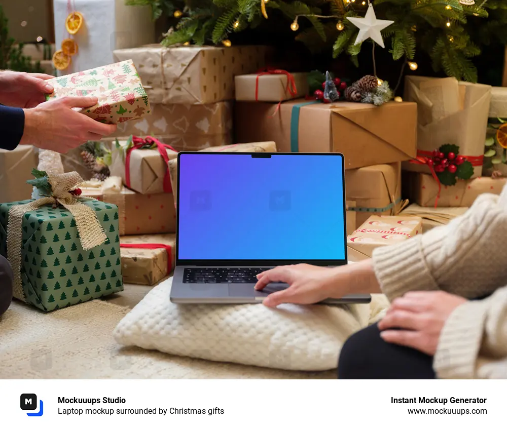 Laptop mockup surrounded by Christmas gifts