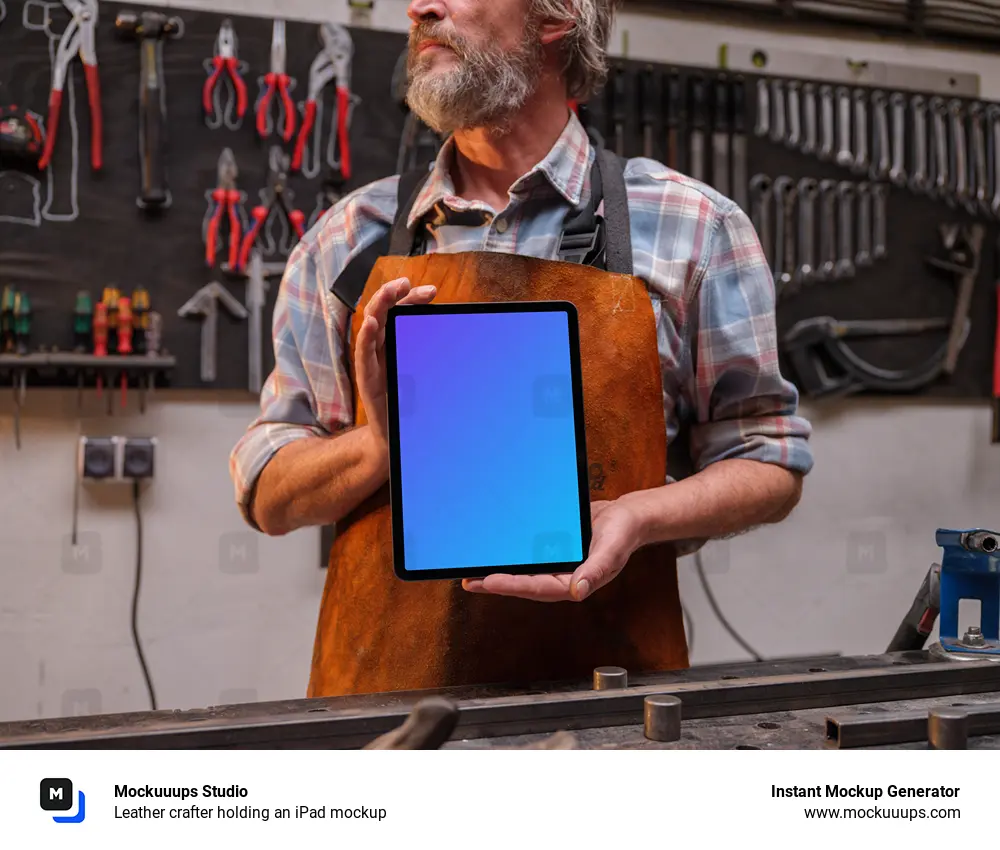 Leather crafter holding an iPad mockup