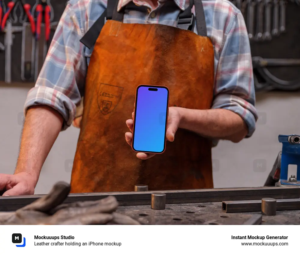 Leather crafter holding an iPhone mockup