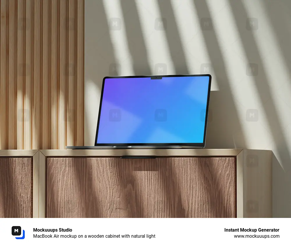 MacBook Air mockup on a wooden cabinet with natural light