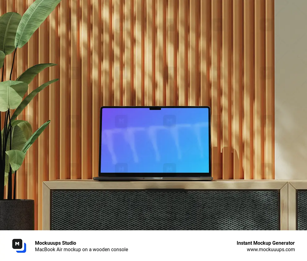 MacBook Air mockup on a wooden console