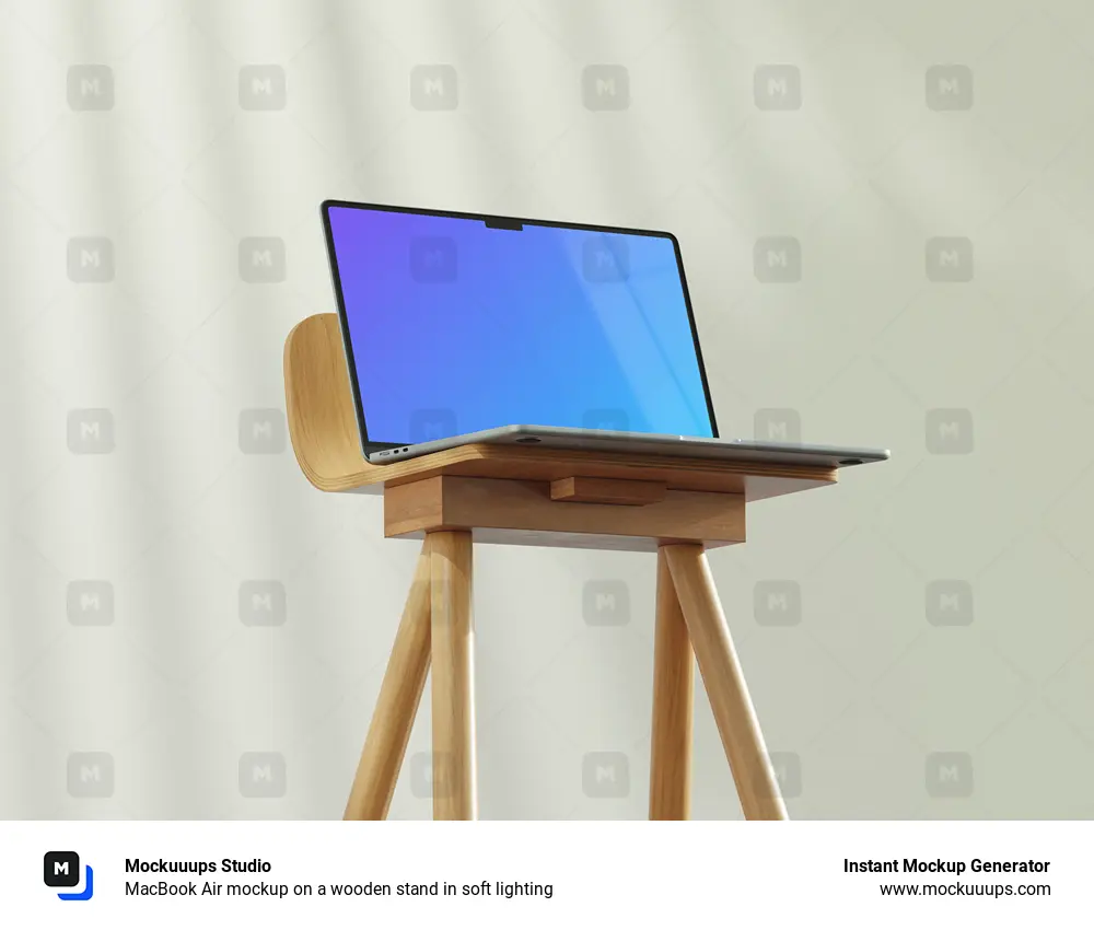 MacBook Air mockup on a wooden stand in soft lighting