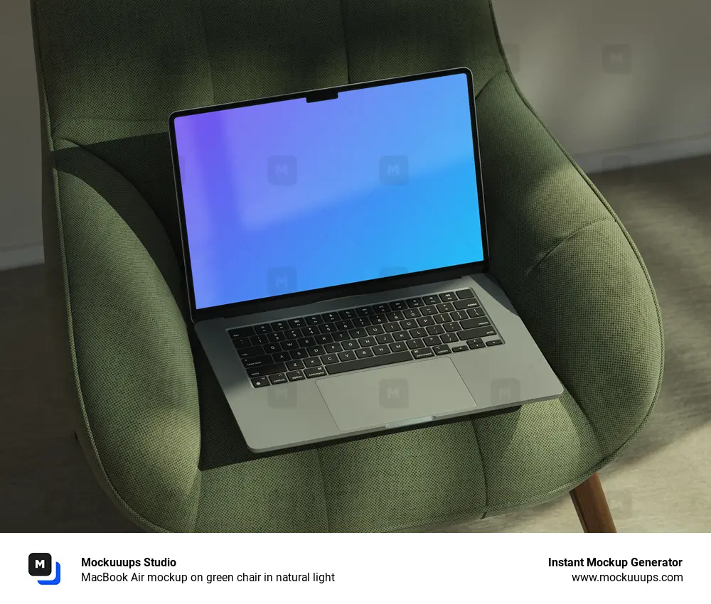 MacBook Air mockup on green chair in natural light