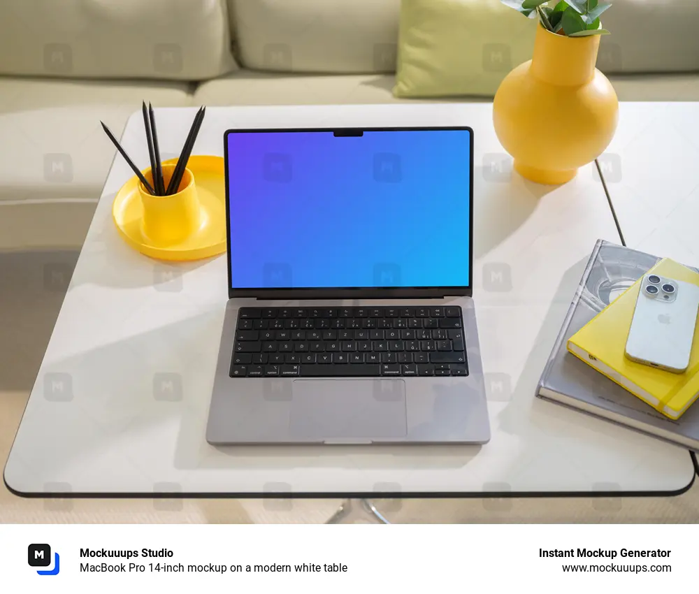 MacBook Pro 14-inch mockup on a modern white table