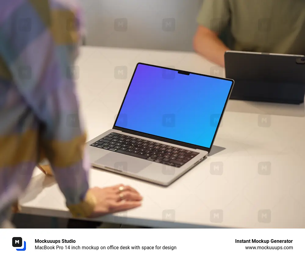 MacBook Pro 14 inch mockup on office desk with space for design