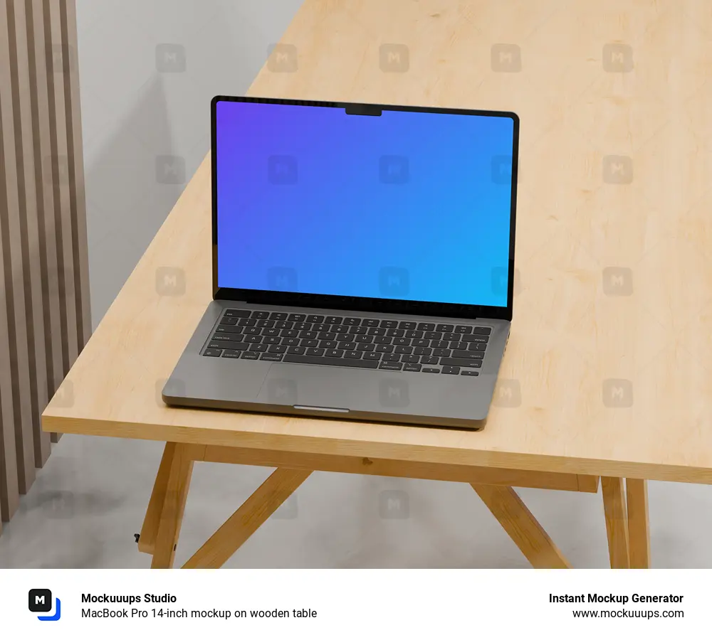 MacBook Pro 14-inch mockup on wooden table