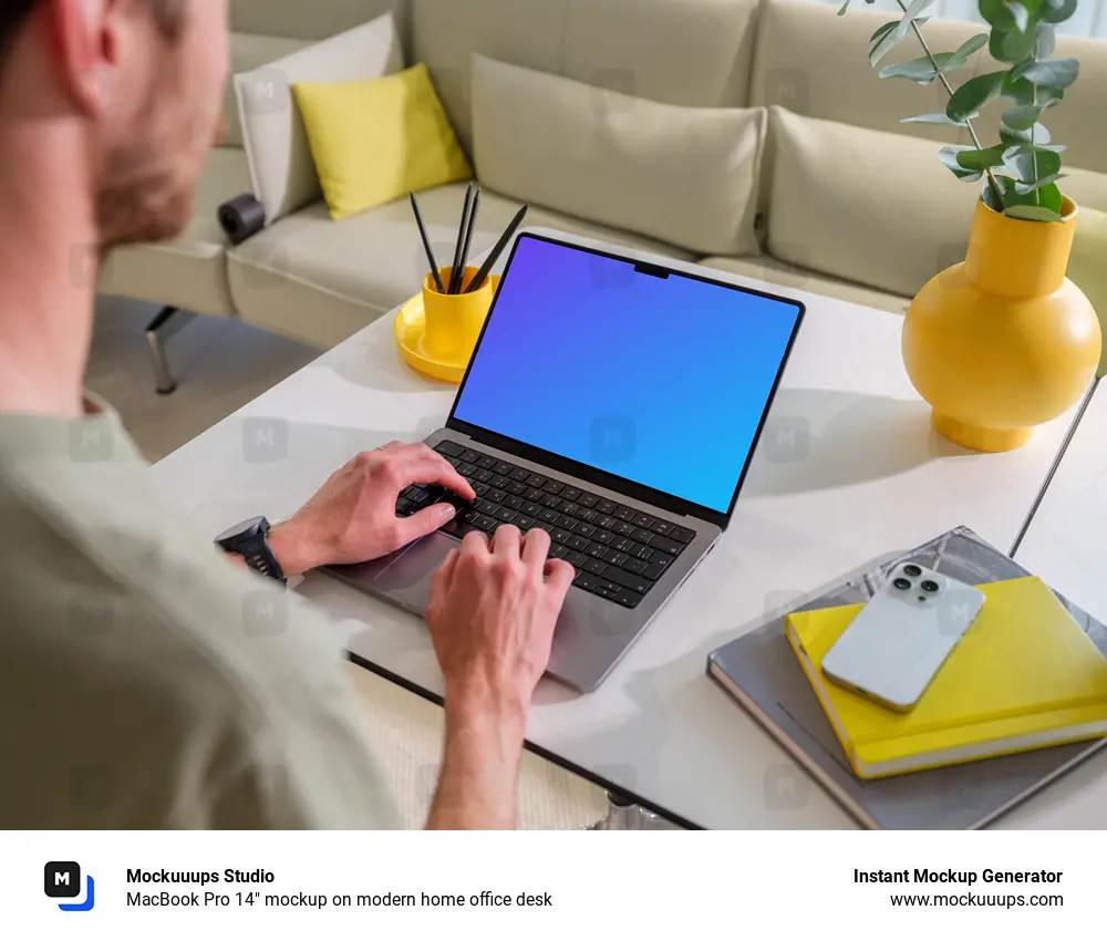 MacBook Pro 14" mockup on modern home office desk