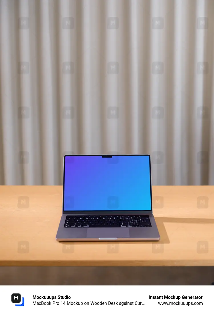 MacBook Pro 14 Mockup on Wooden Desk against Curtained Background