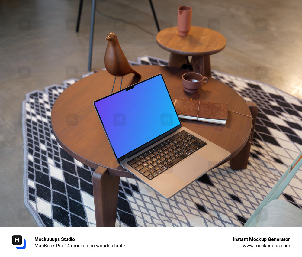 MacBook Pro 14 mockup on wooden table