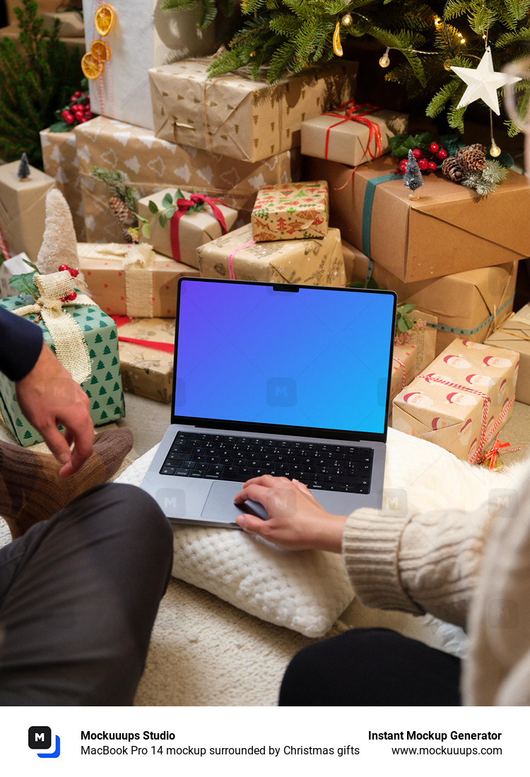 MacBook Pro 14 mockup surrounded by Christmas gifts