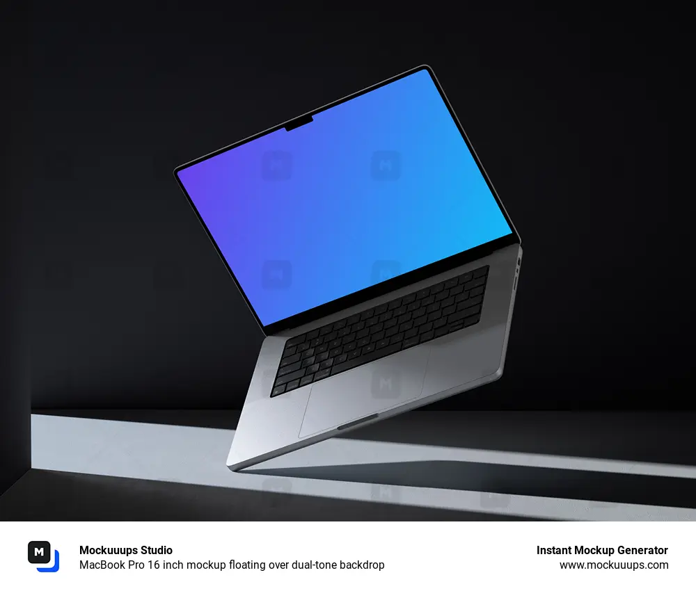 MacBook Pro 16 inch mockup floating over dual-tone backdrop