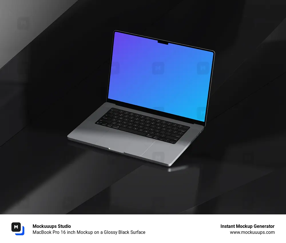 MacBook Pro 16 inch Mockup on a Glossy Black Surface