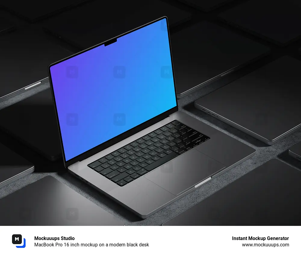 MacBook Pro 16 inch mockup on a modern black desk