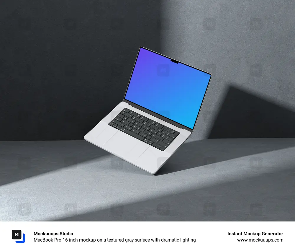 MacBook Pro 16 inch mockup on a textured gray surface with dramatic lighting