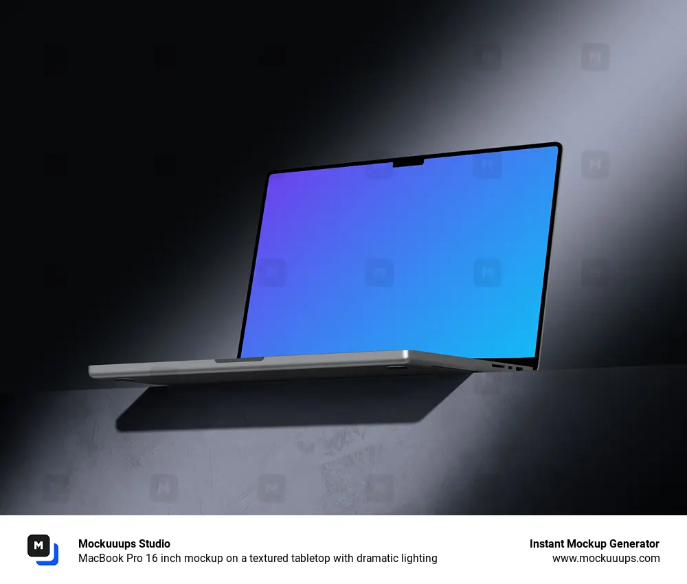 MacBook Pro 16 inch mockup on a textured tabletop with dramatic lighting