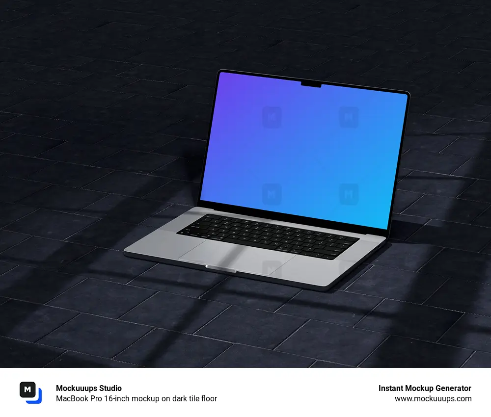 MacBook Pro 16-inch mockup on dark tile floor