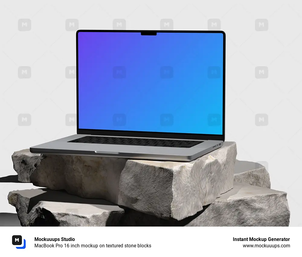 MacBook Pro 16 inch mockup on textured stone blocks