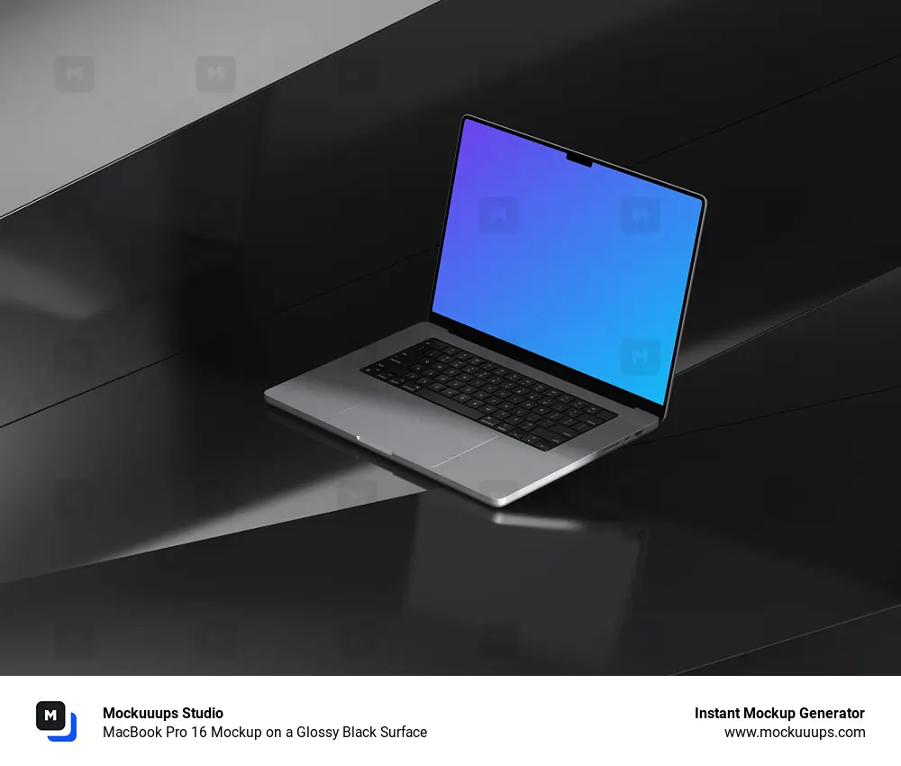 MacBook Pro 16 Mockup on a Glossy Black Surface