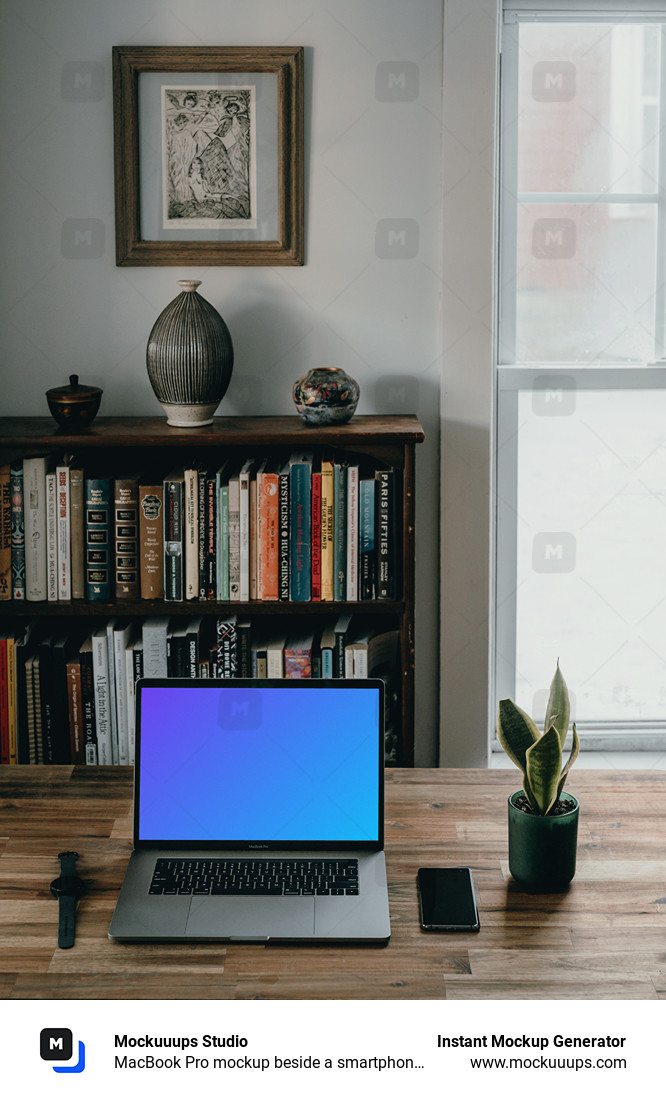 MacBook Pro mockup beside a smartphone and potted plant