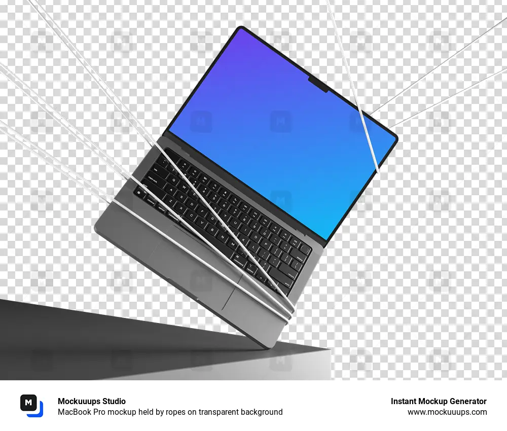 MacBook Pro mockup held by ropes on transparent background