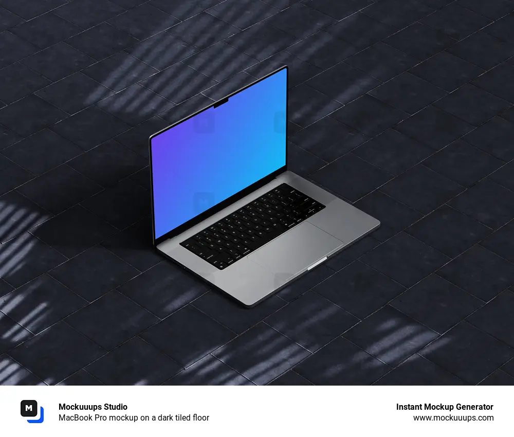 MacBook Pro mockup on a dark tiled floor