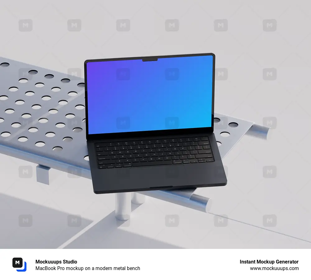 MacBook Pro mockup on a modern metal bench