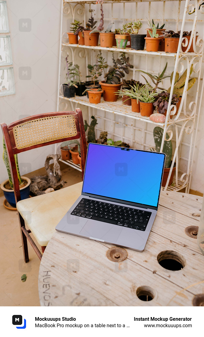 MacBook Pro mockup on a table next to a chair