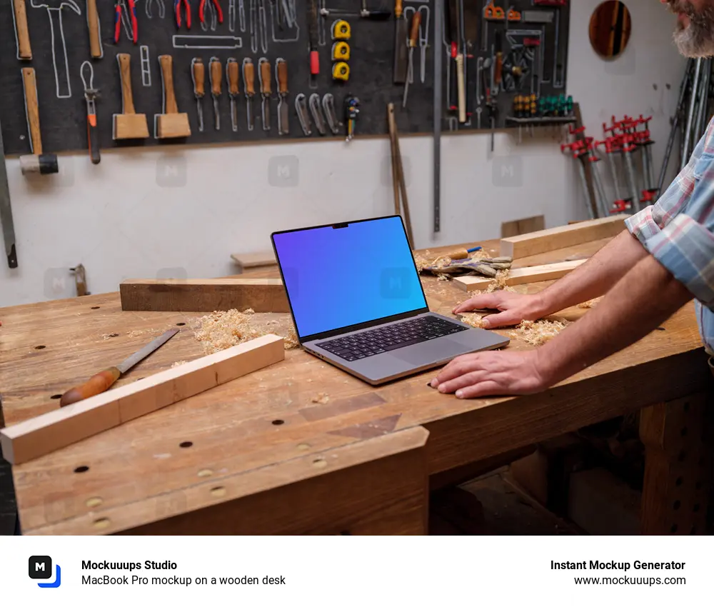 MacBook Pro mockup on a wooden desk