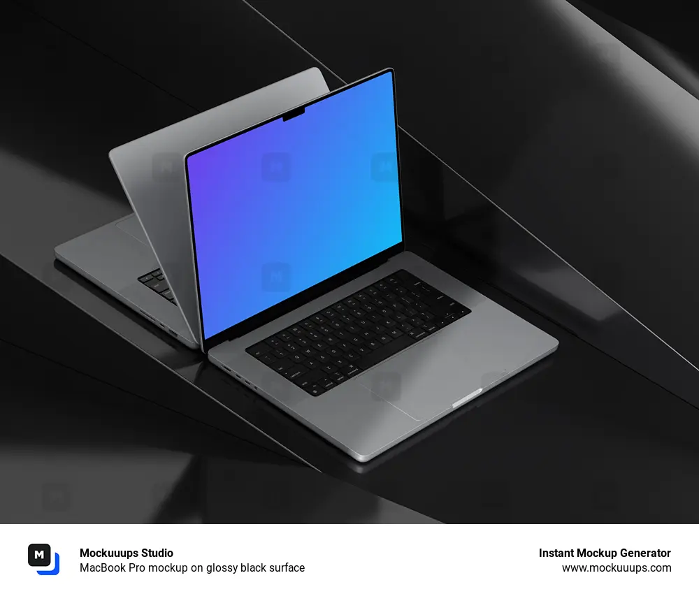 MacBook Pro mockup on glossy black surface