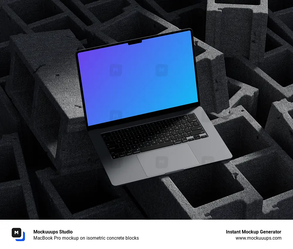 MacBook Pro mockup on isometric concrete blocks