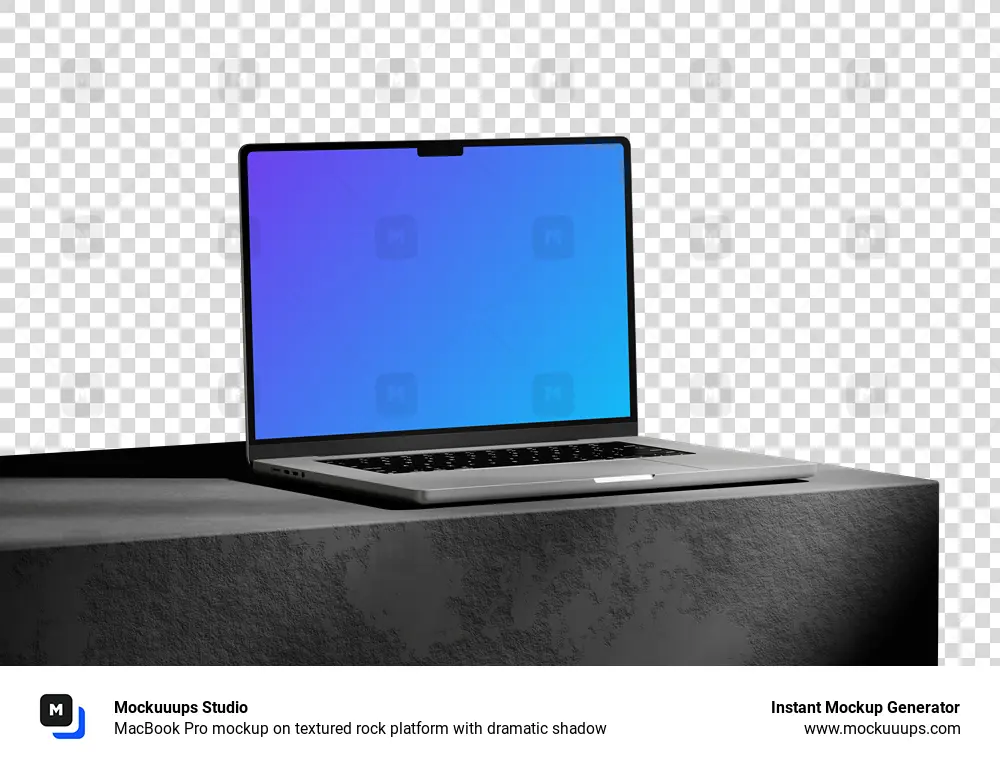 MacBook Pro mockup on textured rock platform with dramatic shadow