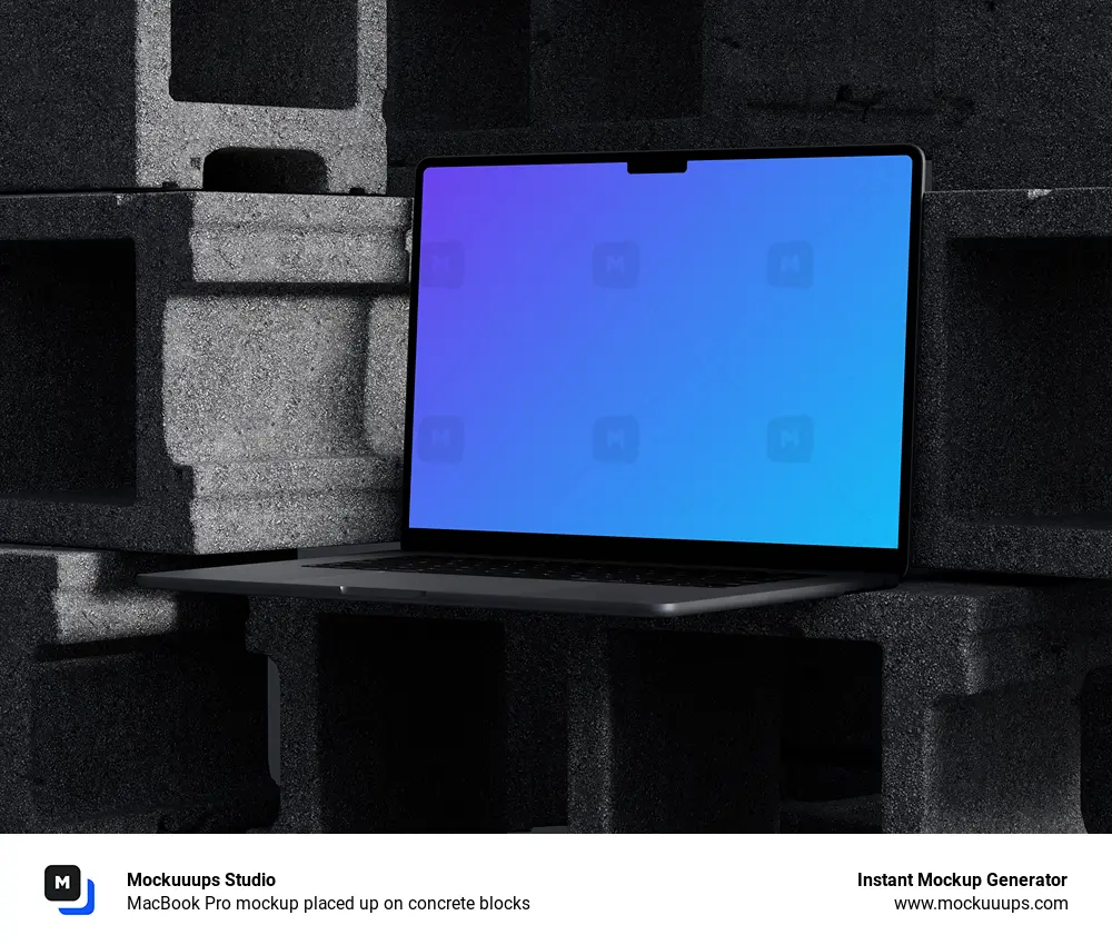 MacBook Pro mockup placed up on concrete blocks