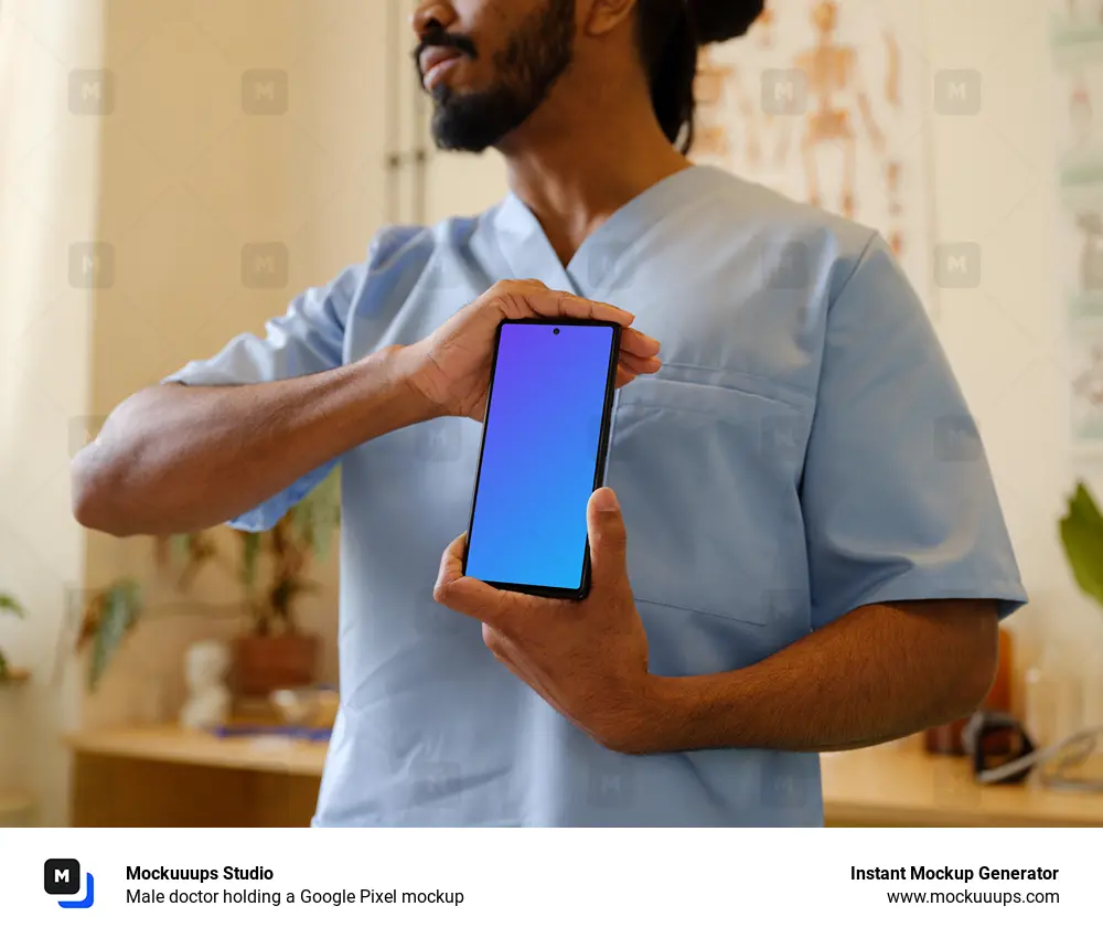 Male doctor holding a Google Pixel mockup