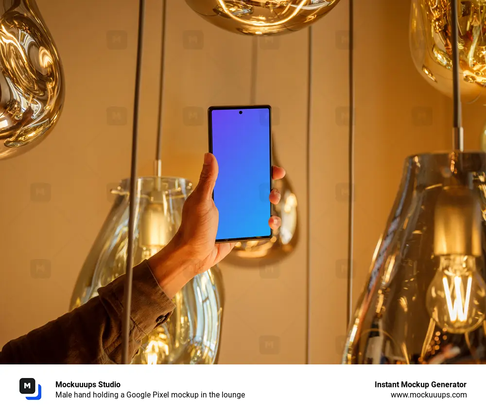 Male hand holding a Google Pixel mockup in the lounge