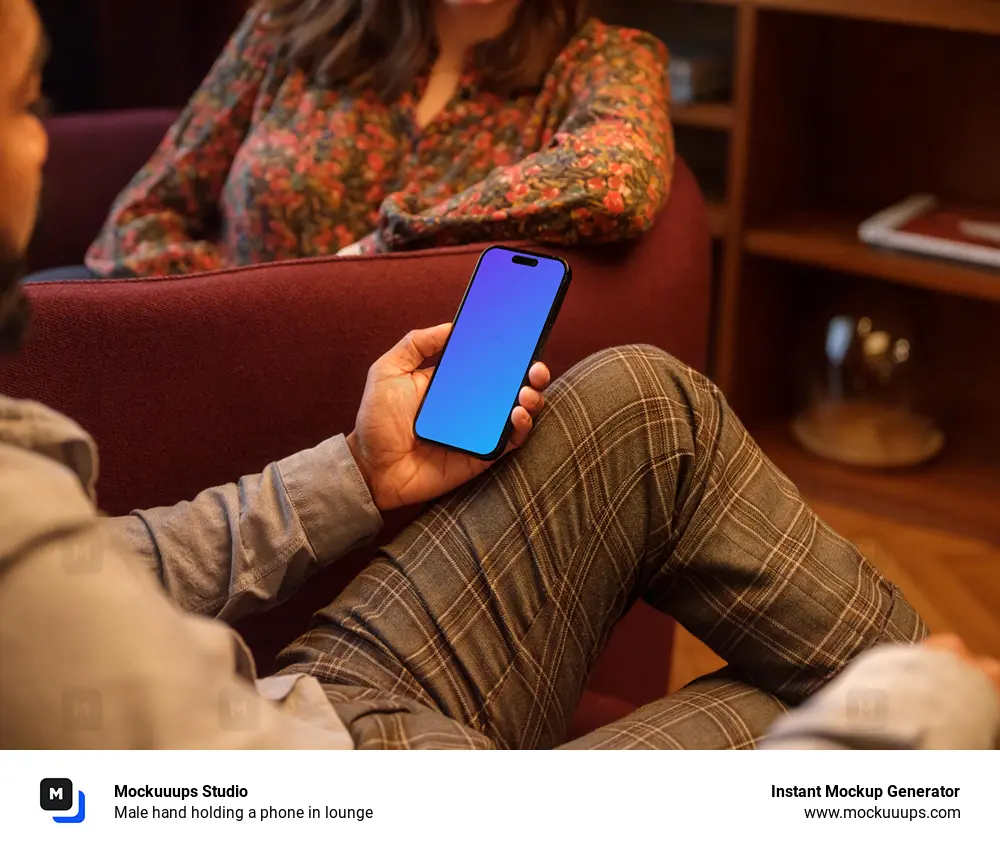 Male hand holding a phone in lounge