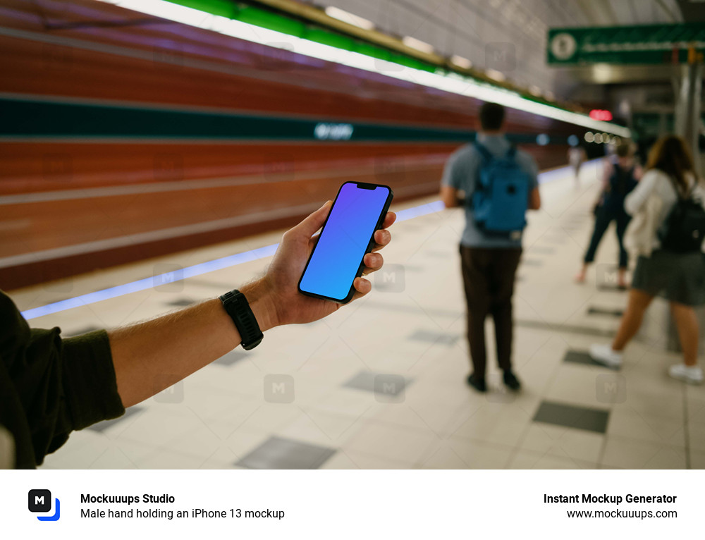 Male hand holding an iPhone 13 mockup