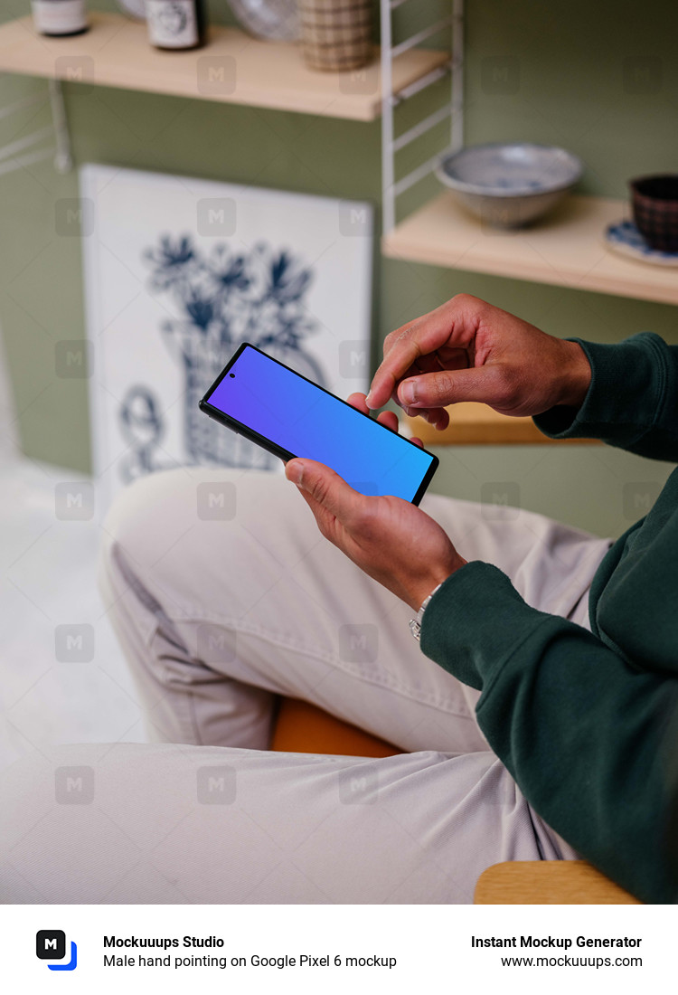 Male hand pointing on Google Pixel 6 mockup