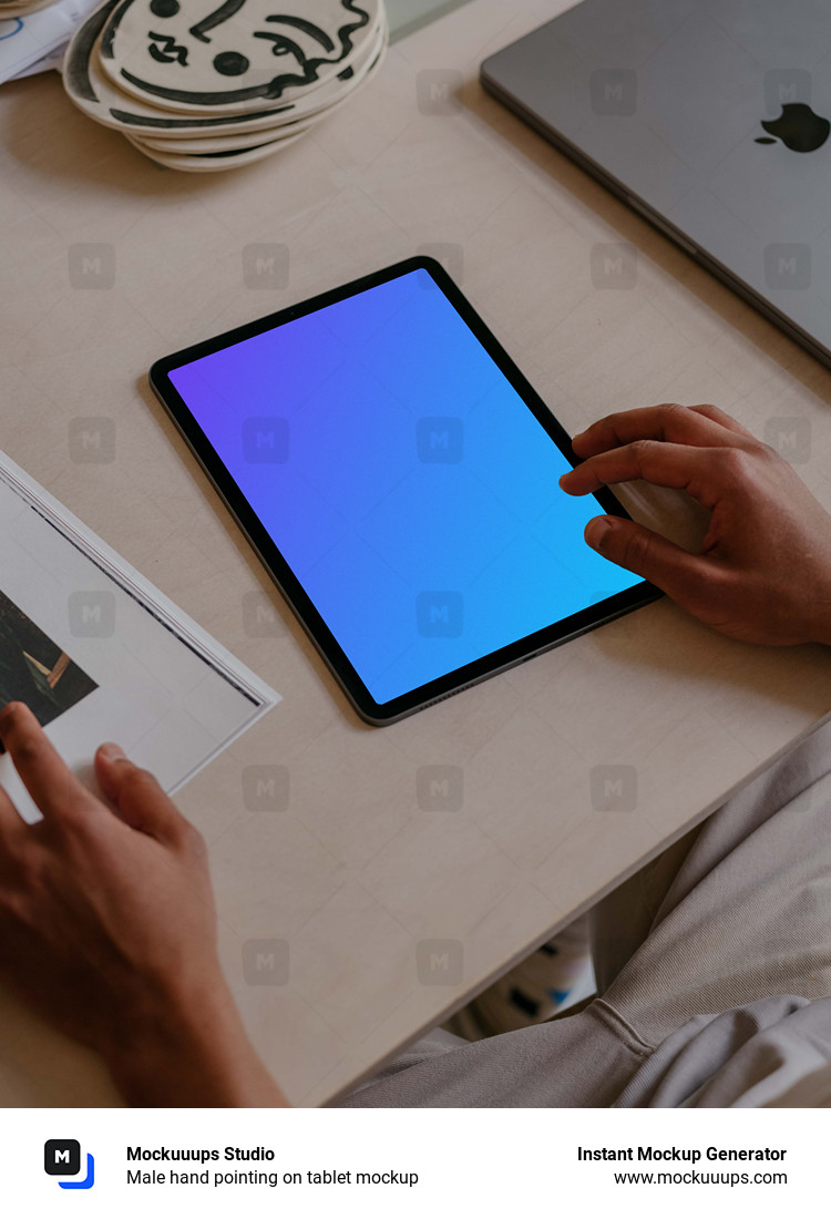 Male hand pointing on tablet mockup