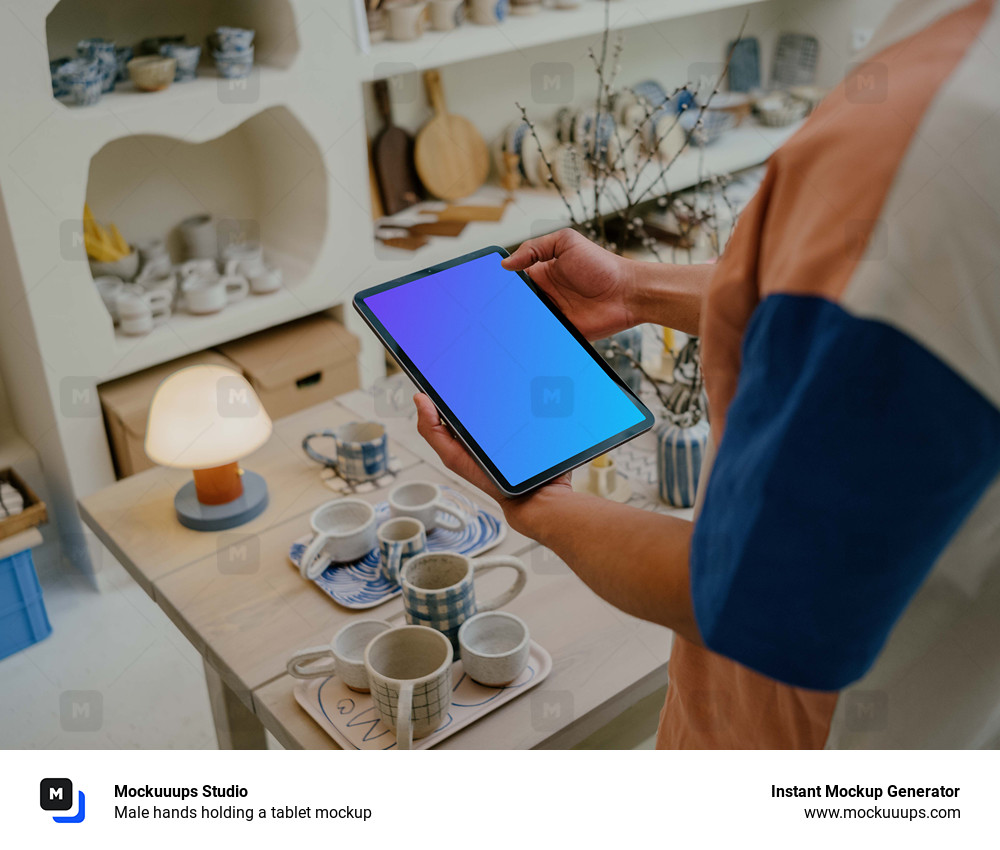 Male hands holding a tablet mockup