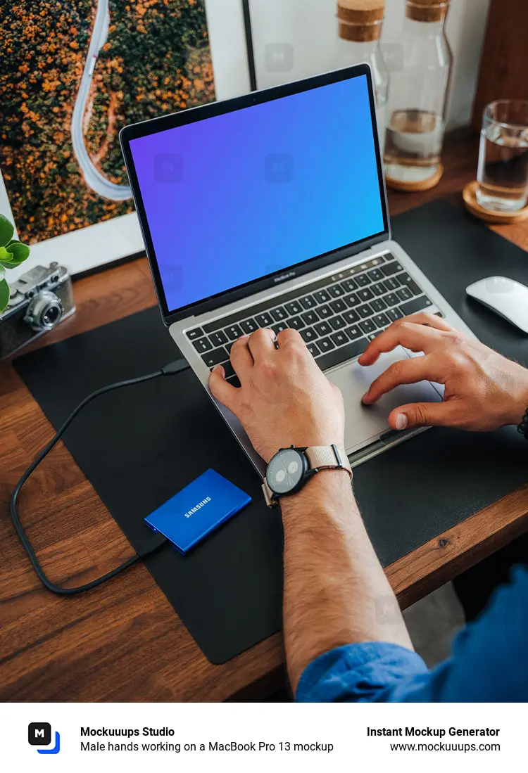 Male hands working on a MacBook Pro 13 mockup