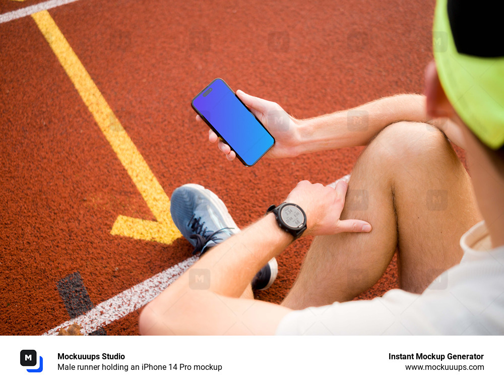 Male runner holding an iPhone 14 Pro mockup