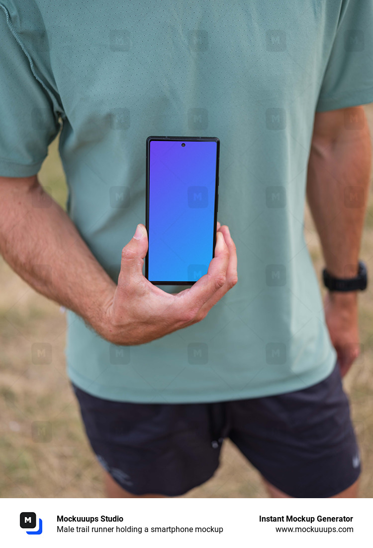 Male trail runner holding a smartphone mockup