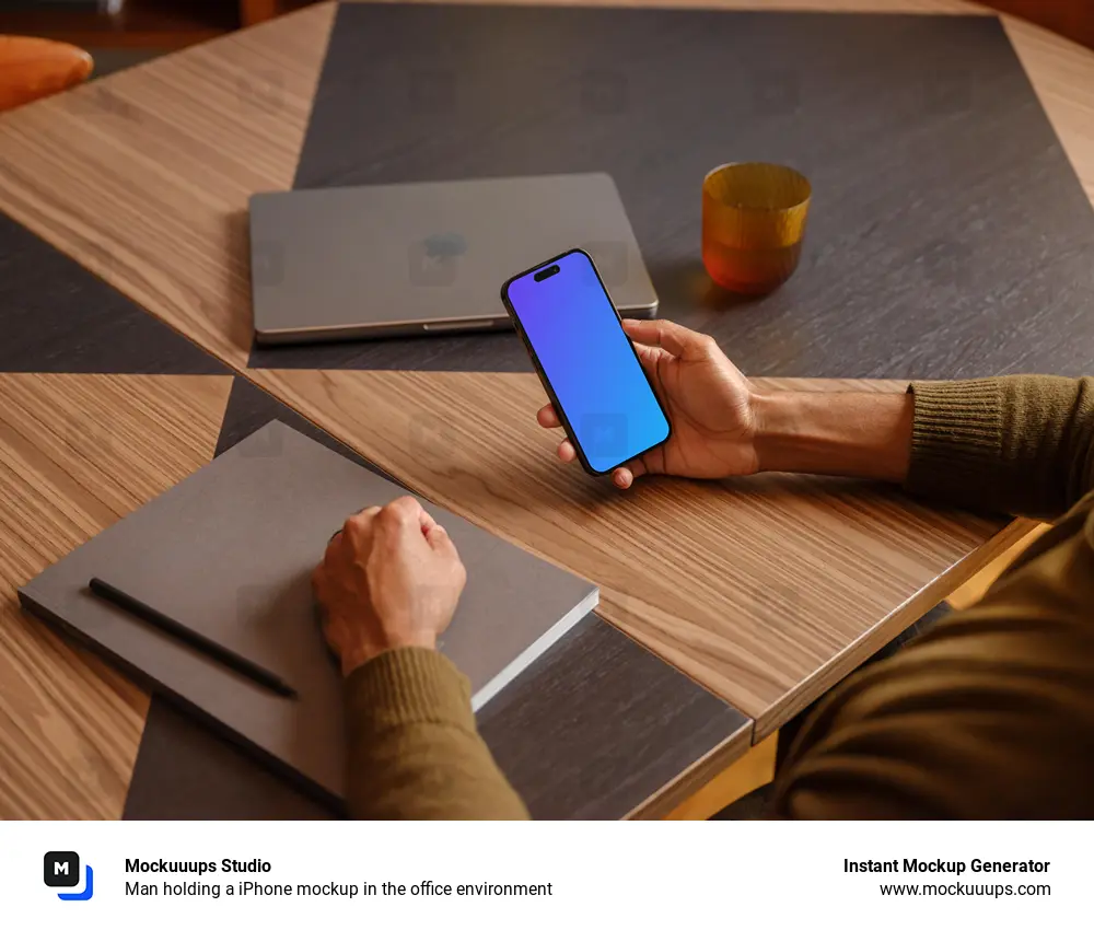 Man holding a iPhone mockup in the office environment