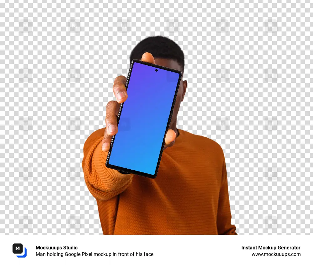 Man holding Google Pixel mockup in front of his face