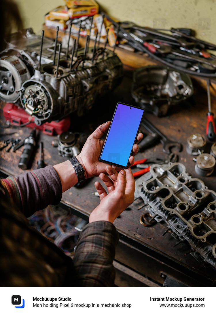 Man holding Pixel 6 mockup in a mechanic shop