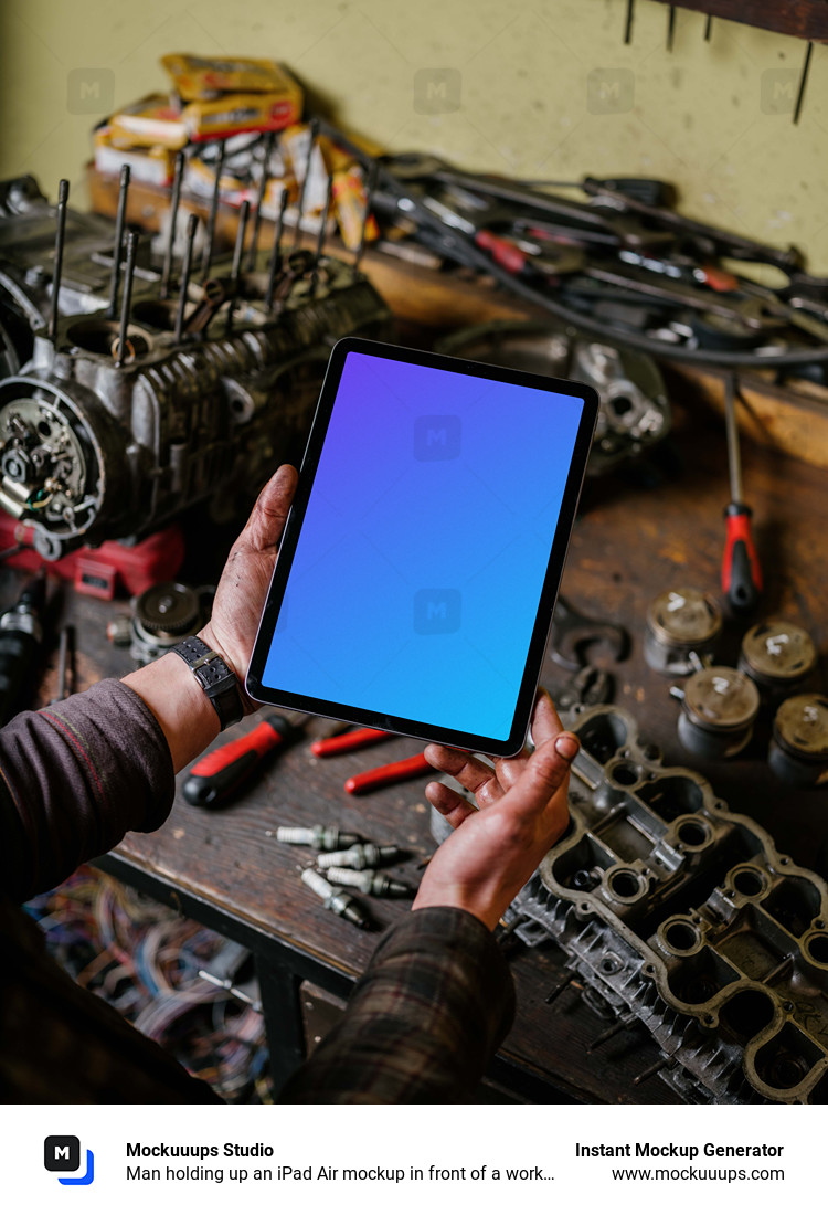 Man holding up an iPad Air mockup in front of a workbench