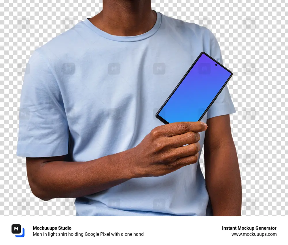 Man in light shirt holding Google Pixel with a one hand